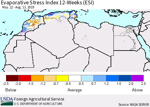 North Africa Evaporative Stress Index (ESI), 12-Weeks Thematic Map For 8/12/2019 - 8/18/2019
