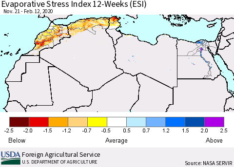 North Africa Evaporative Stress Index (ESI), 12-Weeks Thematic Map For 2/10/2020 - 2/16/2020