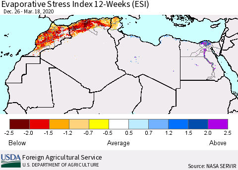 North Africa Evaporative Stress Index (ESI), 12-Weeks Thematic Map For 3/16/2020 - 3/22/2020