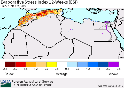 North Africa Evaporative Stress Index (ESI), 12-Weeks Thematic Map For 3/23/2020 - 3/29/2020