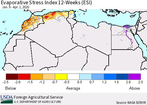 North Africa Evaporative Stress Index (ESI), 12-Weeks Thematic Map For 3/30/2020 - 4/5/2020