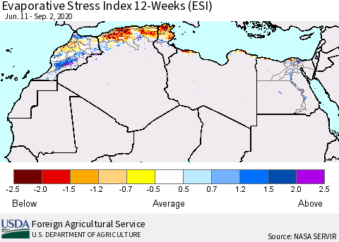 North Africa Evaporative Stress Index (ESI), 12-Weeks Thematic Map For 8/31/2020 - 9/6/2020