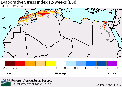 North Africa Evaporative Stress Index (ESI), 12-Weeks Thematic Map For 10/19/2020 - 10/25/2020