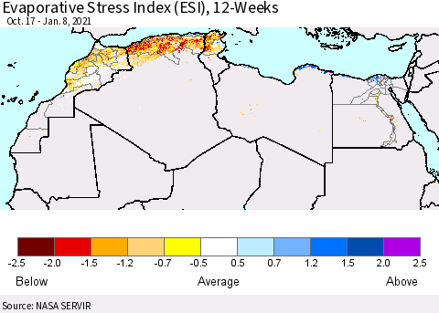 North Africa Evaporative Stress Index (ESI), 12-Weeks Thematic Map For 1/4/2021 - 1/10/2021