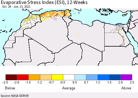 North Africa Evaporative Stress Index (ESI), 12-Weeks Thematic Map For 1/11/2021 - 1/17/2021