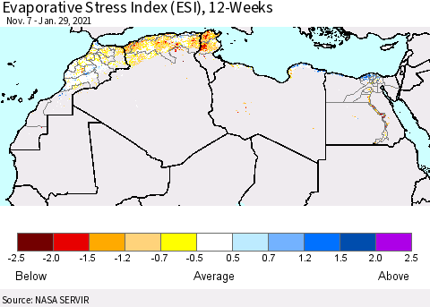 North Africa Evaporative Stress Index (ESI), 12-Weeks Thematic Map For 1/25/2021 - 1/31/2021