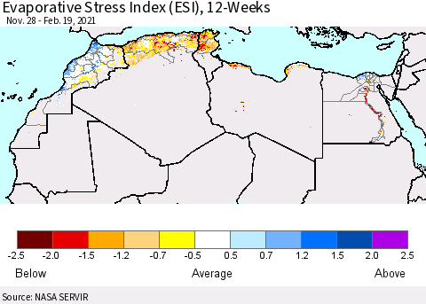 North Africa Evaporative Stress Index (ESI), 12-Weeks Thematic Map For 2/15/2021 - 2/21/2021