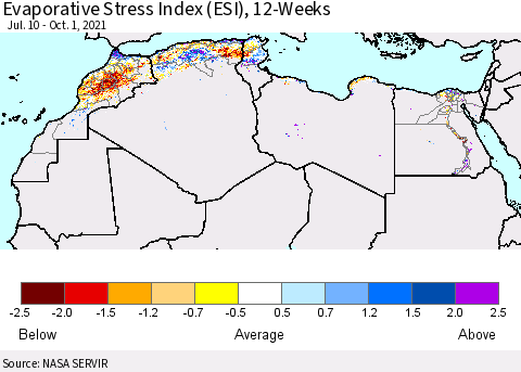North Africa Evaporative Stress Index (ESI), 12-Weeks Thematic Map For 9/27/2021 - 10/3/2021