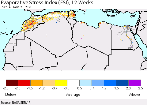 North Africa Evaporative Stress Index (ESI), 12-Weeks Thematic Map For 11/22/2021 - 11/28/2021