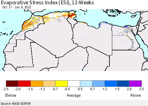 North Africa Evaporative Stress Index (ESI), 12-Weeks Thematic Map For 1/3/2022 - 1/9/2022