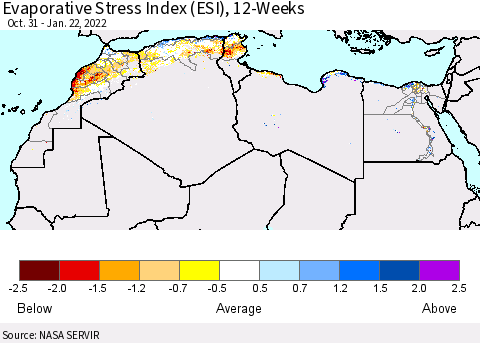 North Africa Evaporative Stress Index (ESI), 12-Weeks Thematic Map For 1/17/2022 - 1/23/2022