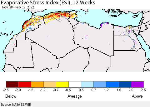 North Africa Evaporative Stress Index (ESI), 12-Weeks Thematic Map For 2/14/2022 - 2/20/2022