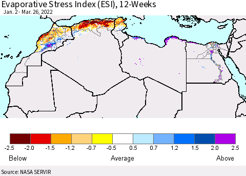 North Africa Evaporative Stress Index (ESI), 12-Weeks Thematic Map For 3/21/2022 - 3/27/2022