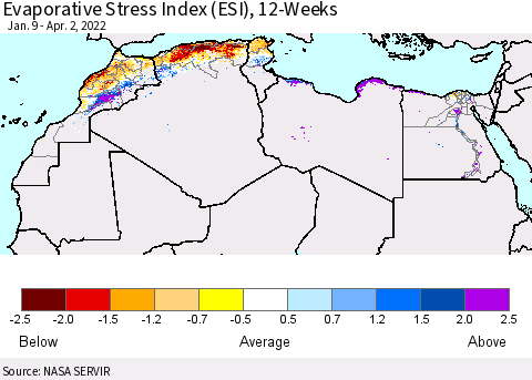 North Africa Evaporative Stress Index (ESI), 12-Weeks Thematic Map For 3/28/2022 - 4/3/2022