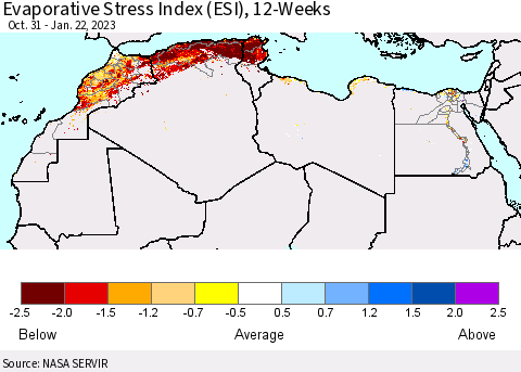 North Africa Evaporative Stress Index (ESI), 12-Weeks Thematic Map For 1/16/2023 - 1/22/2023