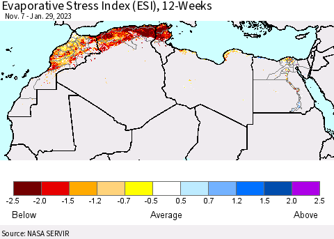 North Africa Evaporative Stress Index (ESI), 12-Weeks Thematic Map For 1/23/2023 - 1/29/2023