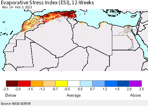 North Africa Evaporative Stress Index (ESI), 12-Weeks Thematic Map For 1/30/2023 - 2/5/2023