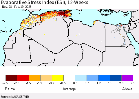 North Africa Evaporative Stress Index (ESI), 12-Weeks Thematic Map For 2/13/2023 - 2/19/2023