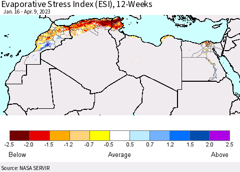 North Africa Evaporative Stress Index (ESI), 12-Weeks Thematic Map For 4/3/2023 - 4/9/2023
