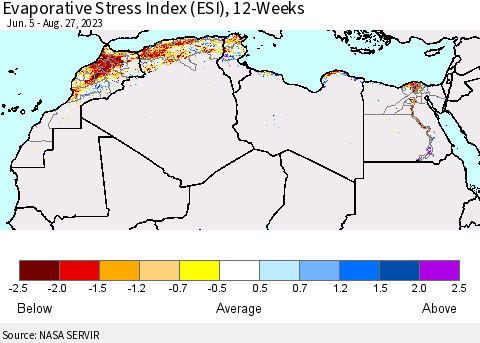 North Africa Evaporative Stress Index (ESI), 12-Weeks Thematic Map For 8/21/2023 - 8/27/2023