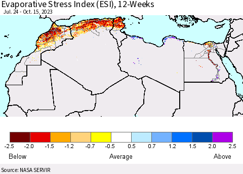 North Africa Evaporative Stress Index (ESI), 12-Weeks Thematic Map For 10/9/2023 - 10/15/2023