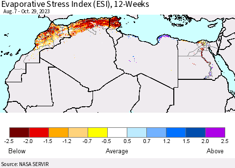 North Africa Evaporative Stress Index (ESI), 12-Weeks Thematic Map For 10/23/2023 - 10/29/2023