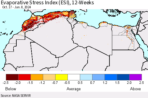 North Africa Evaporative Stress Index (ESI), 12-Weeks Thematic Map For 1/8/2024 - 1/14/2024