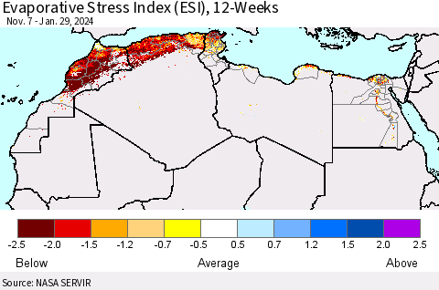 North Africa Evaporative Stress Index (ESI), 12-Weeks Thematic Map For 1/29/2024 - 2/4/2024
