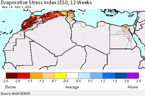 North Africa Evaporative Stress Index (ESI), 12-Weeks Thematic Map For 2/5/2024 - 2/11/2024
