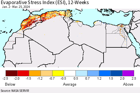 North Africa Evaporative Stress Index (ESI), 12-Weeks Thematic Map For 3/25/2024 - 3/31/2024