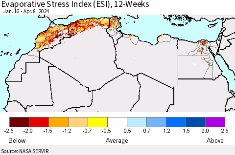 North Africa Evaporative Stress Index (ESI), 12-Weeks Thematic Map For 4/8/2024 - 4/14/2024