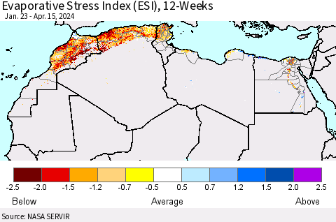North Africa Evaporative Stress Index (ESI), 12-Weeks Thematic Map For 4/15/2024 - 4/21/2024