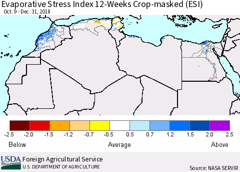 North Africa Evaporative Stress Index (ESI), 12-Weeks over Croplands Thematic Map For 12/31/2018 - 1/6/2019