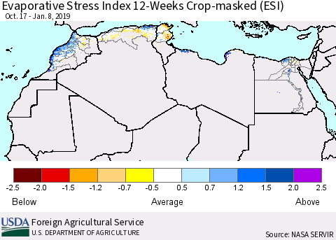 North Africa Evaporative Stress Index (ESI), 12-Weeks over Croplands Thematic Map For 1/7/2019 - 1/13/2019