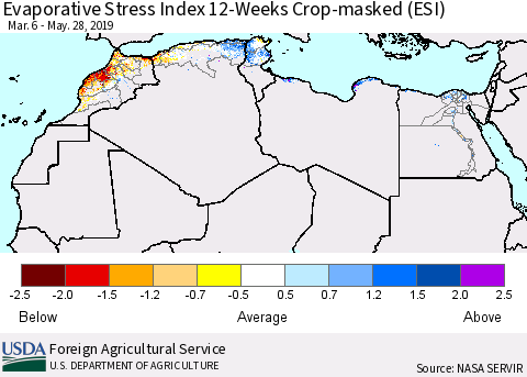 North Africa Evaporative Stress Index (ESI), 12-Weeks over Croplands Thematic Map For 5/27/2019 - 6/2/2019