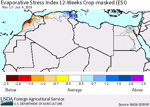 North Africa Evaporative Stress Index (ESI), 12-Weeks over Croplands Thematic Map For 6/3/2019 - 6/9/2019
