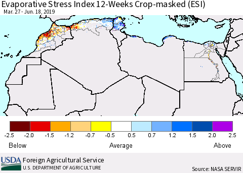 North Africa Evaporative Stress Index (ESI), 12-Weeks over Croplands Thematic Map For 6/17/2019 - 6/23/2019