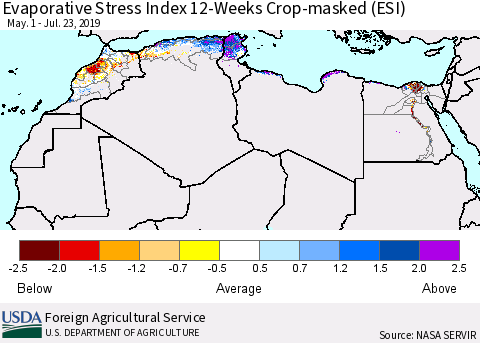 North Africa Evaporative Stress Index (ESI), 12-Weeks over Croplands Thematic Map For 7/22/2019 - 7/28/2019