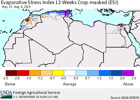 North Africa Evaporative Stress Index (ESI), 12-Weeks over Croplands Thematic Map For 8/5/2019 - 8/11/2019