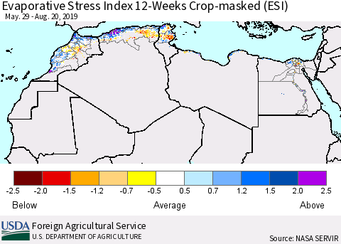 North Africa Evaporative Stress Index (ESI), 12-Weeks over Croplands Thematic Map For 8/19/2019 - 8/25/2019