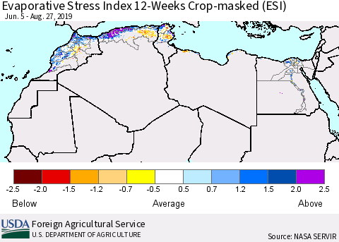 North Africa Evaporative Stress Index (ESI), 12-Weeks over Croplands Thematic Map For 8/26/2019 - 9/1/2019