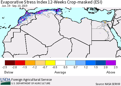 North Africa Evaporative Stress Index (ESI), 12-Weeks over Croplands Thematic Map For 9/9/2019 - 9/15/2019