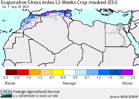 North Africa Evaporative Stress Index (ESI), 12-Weeks over Croplands Thematic Map For 9/23/2019 - 9/29/2019