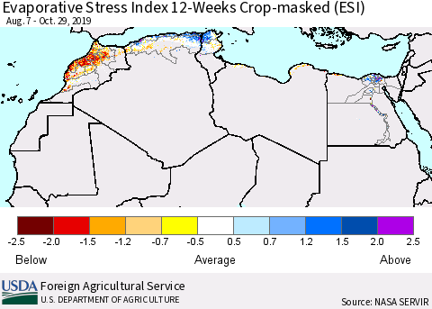 North Africa Evaporative Stress Index (ESI), 12-Weeks over Croplands Thematic Map For 10/28/2019 - 11/3/2019