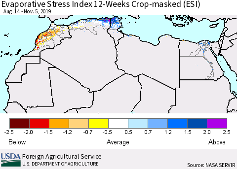 North Africa Evaporative Stress Index (ESI), 12-Weeks over Croplands Thematic Map For 11/4/2019 - 11/10/2019