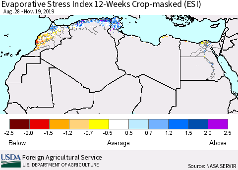 North Africa Evaporative Stress Index (ESI), 12-Weeks over Croplands Thematic Map For 11/18/2019 - 11/24/2019