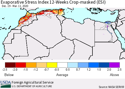 North Africa Evaporative Stress Index (ESI), 12-Weeks over Croplands Thematic Map For 3/9/2020 - 3/15/2020
