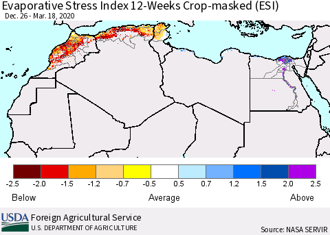 North Africa Evaporative Stress Index (ESI), 12-Weeks over Croplands Thematic Map For 3/16/2020 - 3/22/2020