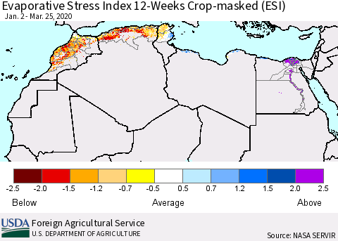 North Africa Evaporative Stress Index (ESI), 12-Weeks over Croplands Thematic Map For 3/23/2020 - 3/29/2020