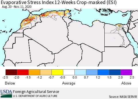 North Africa Evaporative Stress Index (ESI), 12-Weeks over Croplands Thematic Map For 11/9/2020 - 11/15/2020